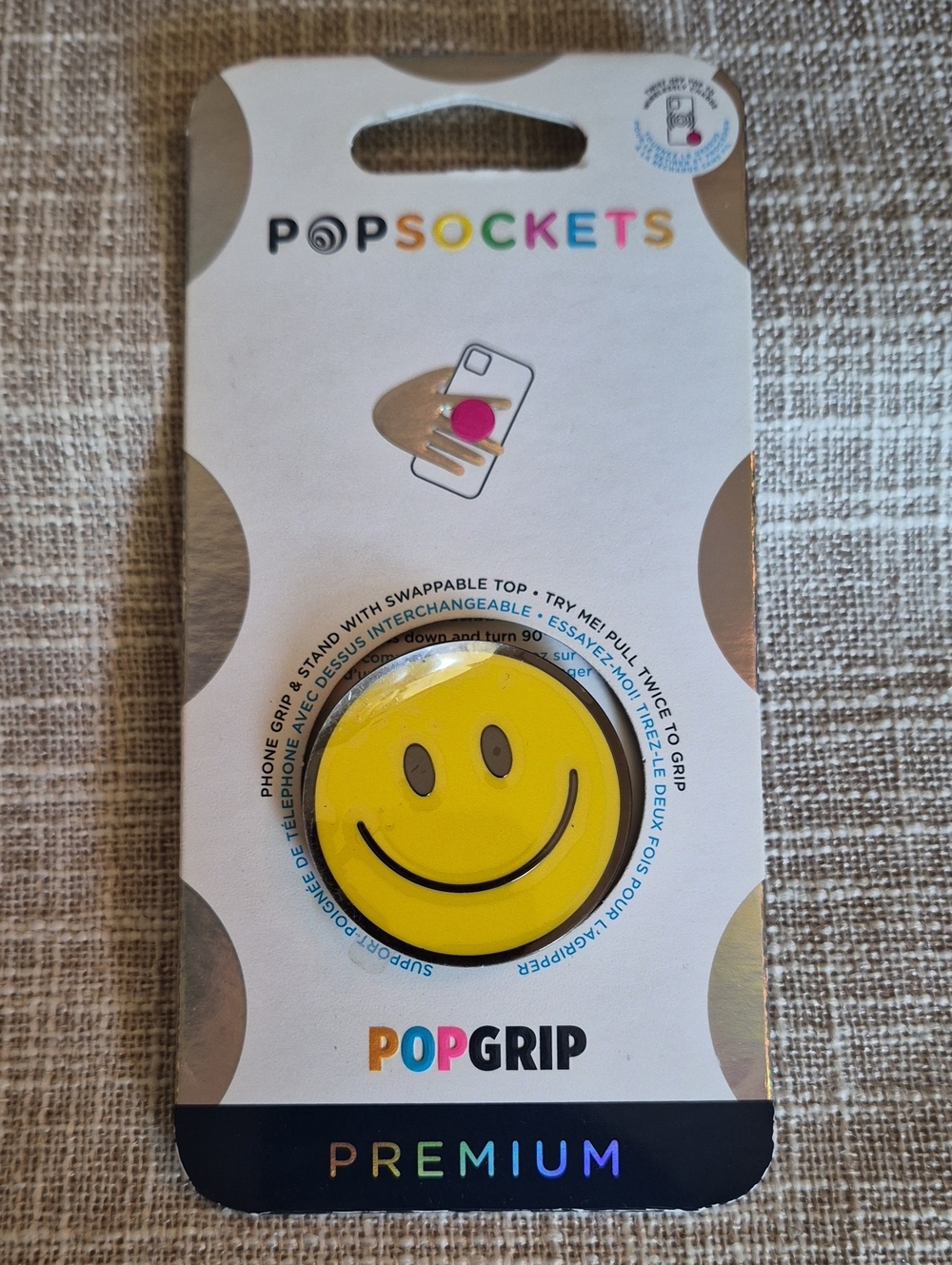 PopSockets PopGrip Premium Yellow & Black Smiley Phone Grip NWT